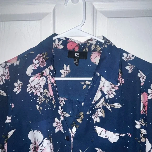 IZ Byer Navy Blue floral Button Up Long Sleeve Knotted Roll Tab Blouse large - Picture 2 of 4